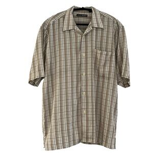 VINTAGE JOHN HENRY SHORT SLEEVE PLAID BUTTON DOWN SHIRT TAN CREAM SIZE MEDIUM